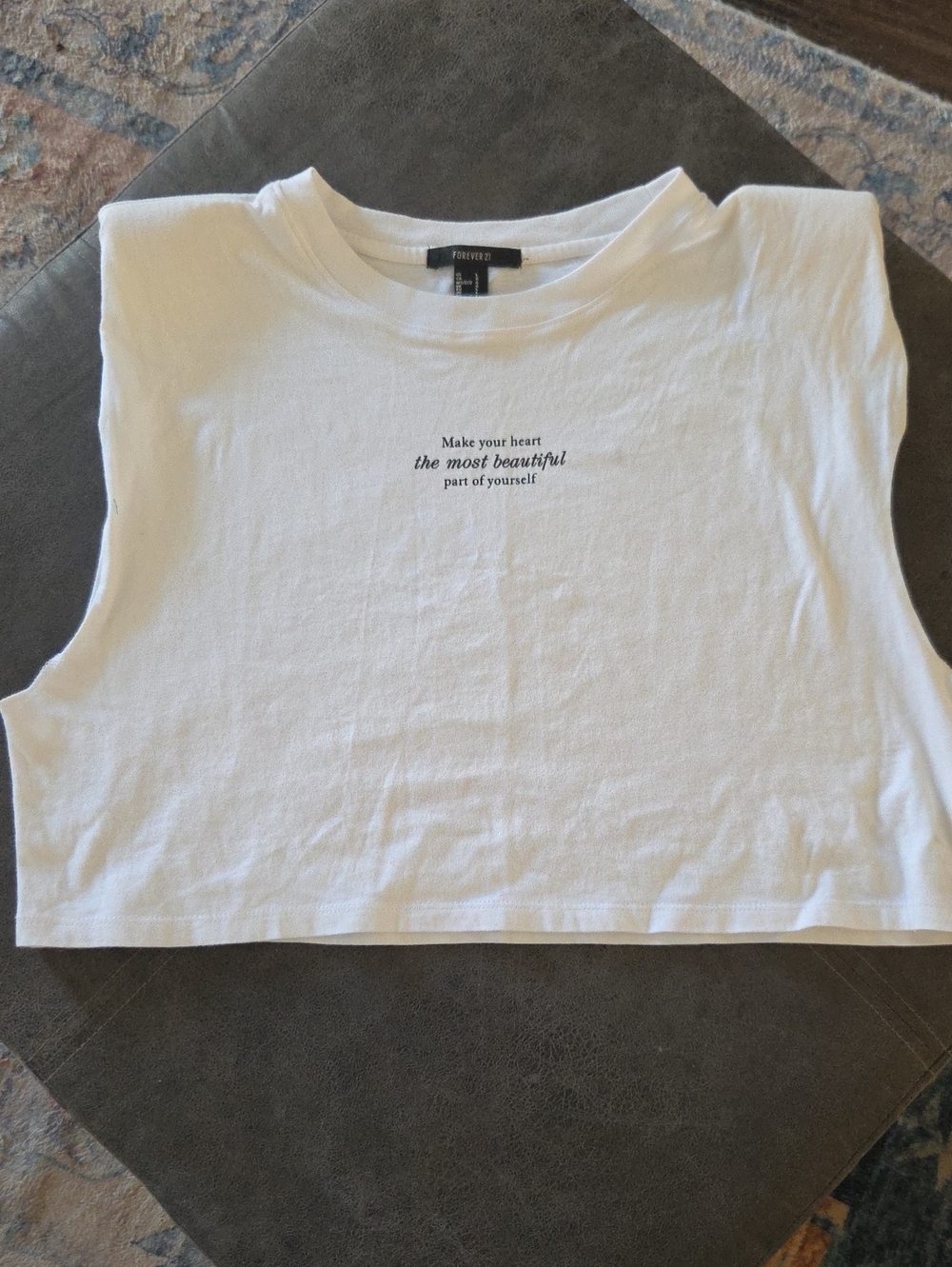 Forever 21 White Cropped Muscle Tee with Black Script